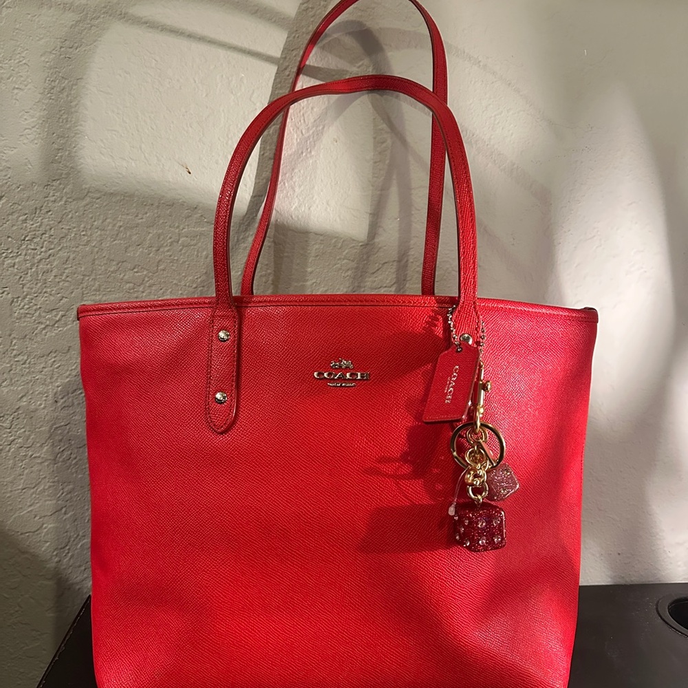 Coach Red Leather Tote with Structured Design (DICE NOT INCLUDED)